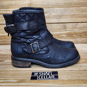 Steve Madden Womens Motorcycle Boots Black Quilted Buckle Ankle Block Zip 8.5